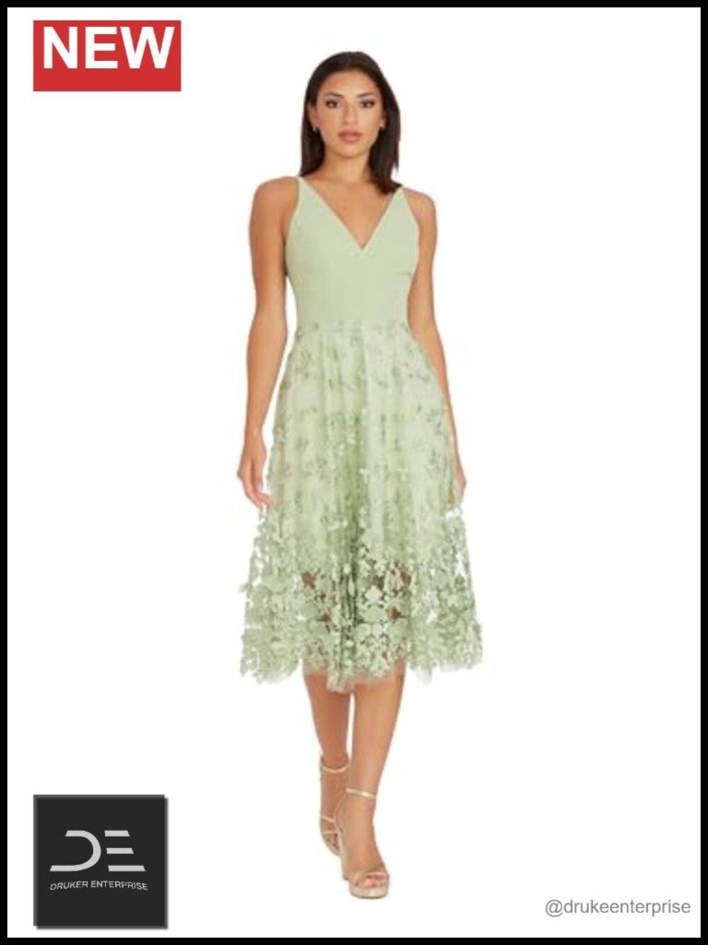 Sleeveless Plunging V-Neck Fit and Flare Midi Dress Textured Crepe Floral